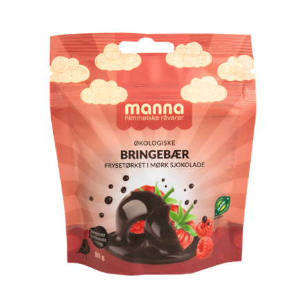 frysetørket bringebær med sjokoladetrekk 80 g økologisk manna