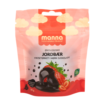 frysetørket jordbær med sjokoladetrekk 80 g økologisk manna